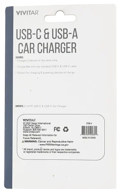 Vivitar USB-C And USB-A Car Charger, Black, NIL6003-BLK-STK-24