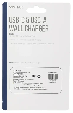 Vivitar USB-C And USB-A Wall Charger, Black, NIL6004-BLK-STK-24