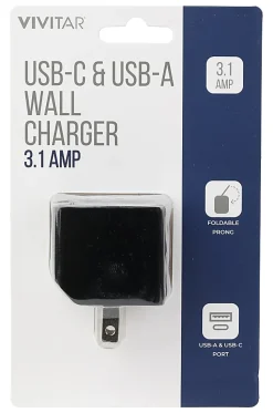 Vivitar USB-C And USB-A Wall Charger, Black, NIL6004-BLK-STK-24