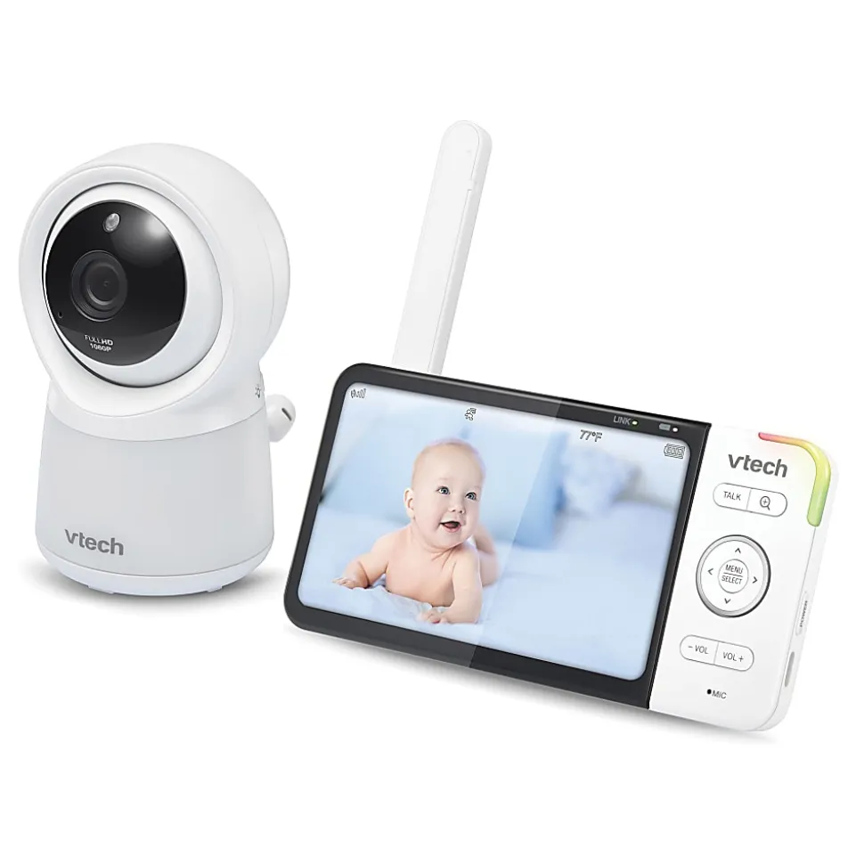 VTech RM5754HD Smart Wi-Fi 1080p Video Baby Monitor System With 5" Display, Night-Light And Remote Access, 3.63"H x 6.56"W x 1.15"D, White