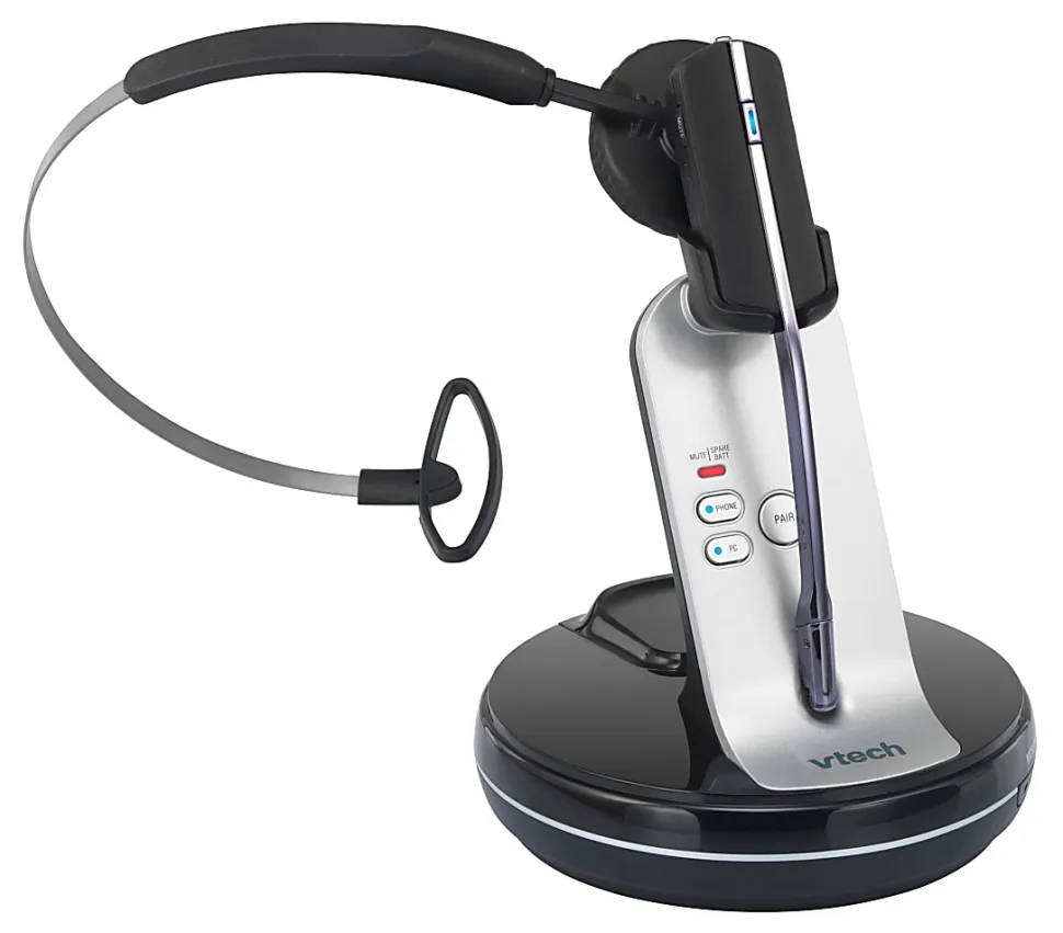 VTech® VH6210 Convertible DECT Office Wireless Headset For Business Desktop Phones, Black/Silver