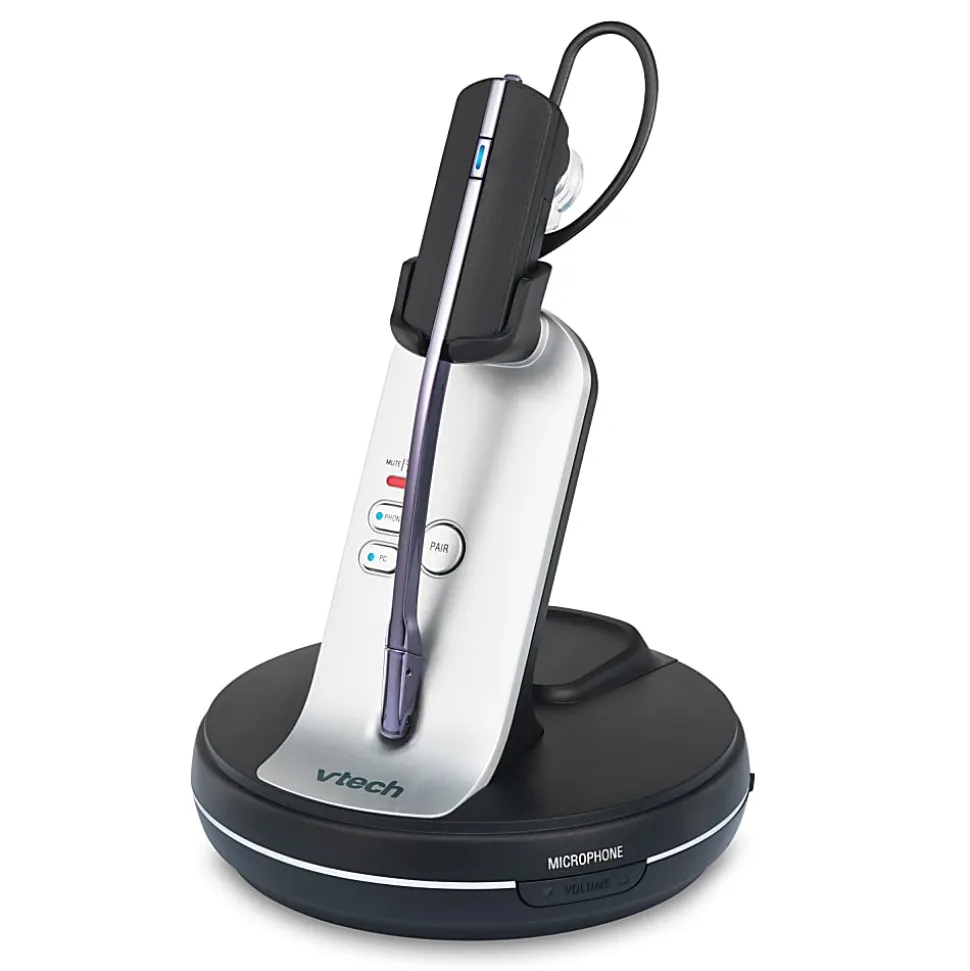 VTech® VH6210 Convertible DECT Office Wireless Headset For Business Desktop Phones, Black/Silver