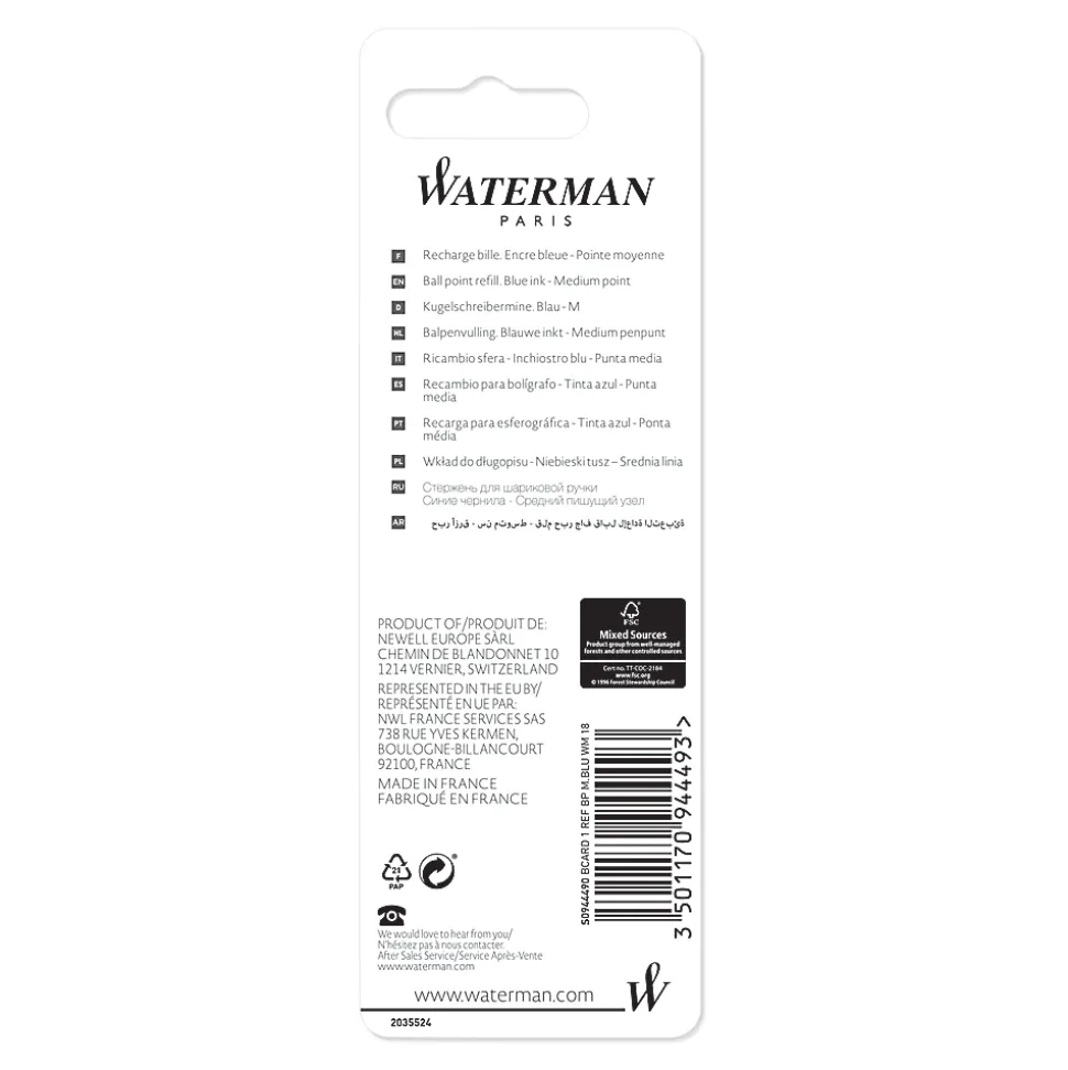 Waterman® Ballpoint Pen Refill, Medium Point, 0.7 mm, Blue