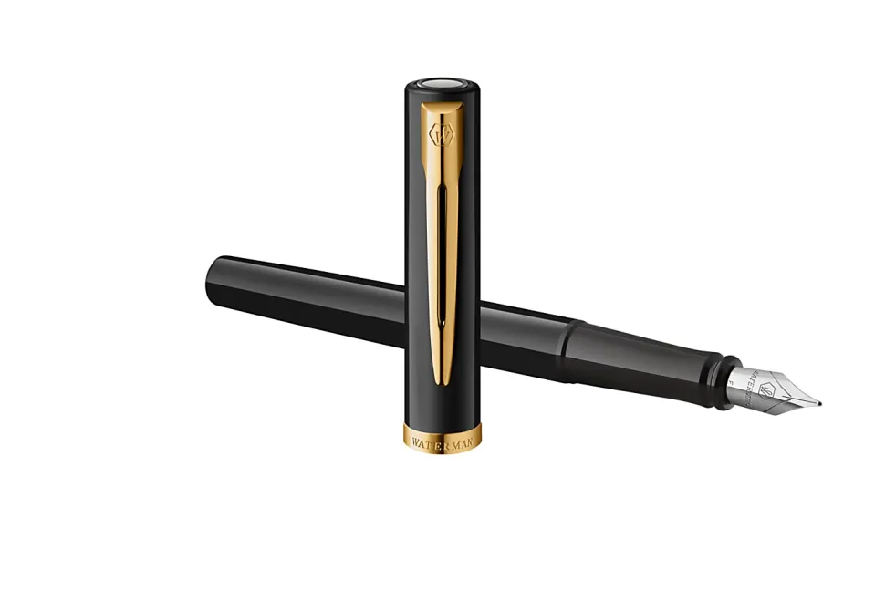 Waterman Impression Black Fountain Pen Gold-Tone Trim Medium Nib, Blue Ink