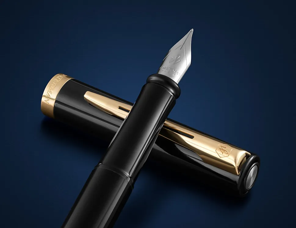 Waterman Impression Black Fountain Pen Gold-Tone Trim Medium Nib, Blue Ink