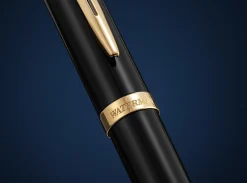 Waterman Impression Black Fountain Pen Gold-Tone Trim Medium Nib, Blue Ink