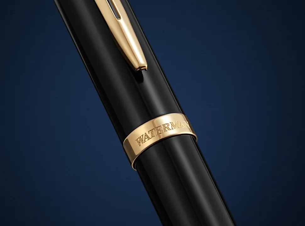 Waterman Impression Black Fountain Pen Gold-Tone Trim Medium Nib, Blue Ink