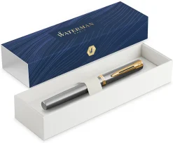 Waterman Impression Stainless Steel Fountain Pen Gold-Coated Trim, Medium Nib, Blue Ink