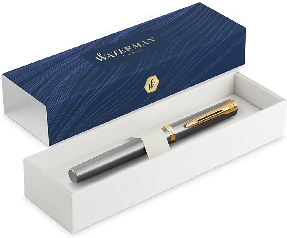 Waterman Impression Stainless Steel Fountain Pen Gold-Coated Trim, Medium Nib, Blue Ink