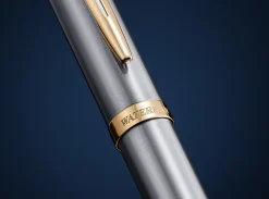 Waterman Impression Stainless Steel Fountain Pen Gold-Coated Trim, Medium Nib, Blue Ink