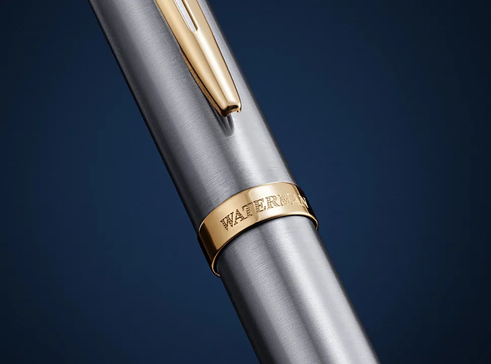 Waterman Impression Stainless Steel Fountain Pen Gold-Coated Trim, Medium Nib, Blue Ink