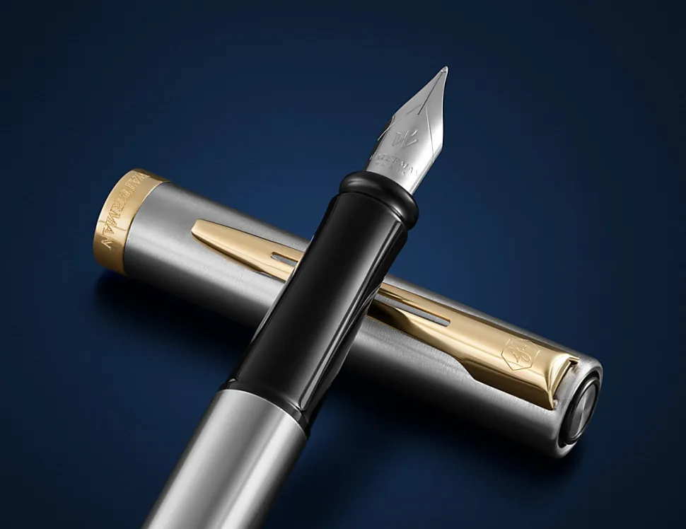 Waterman Impression Stainless Steel Fountain Pen Gold-Coated Trim, Medium Nib, Blue Ink