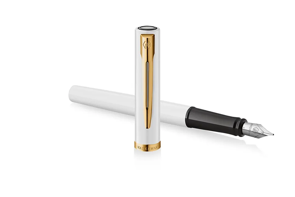 Waterman Impression White Fountain Pen Gold-Coated Trim Medium Nib, Blue Ink