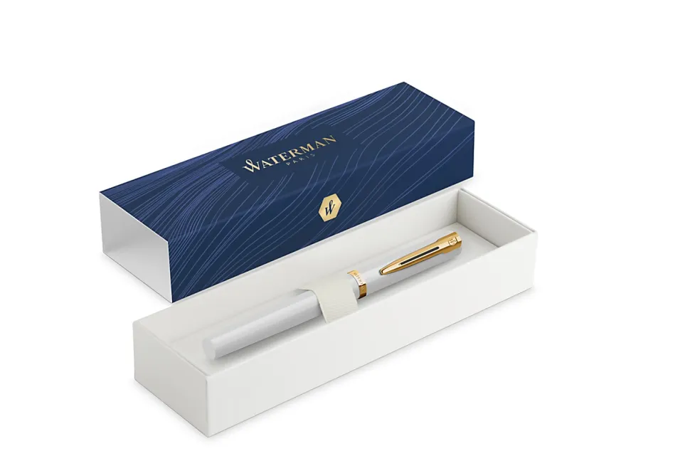 Waterman Impression White Fountain Pen Gold-Coated Trim Medium Nib, Blue Ink