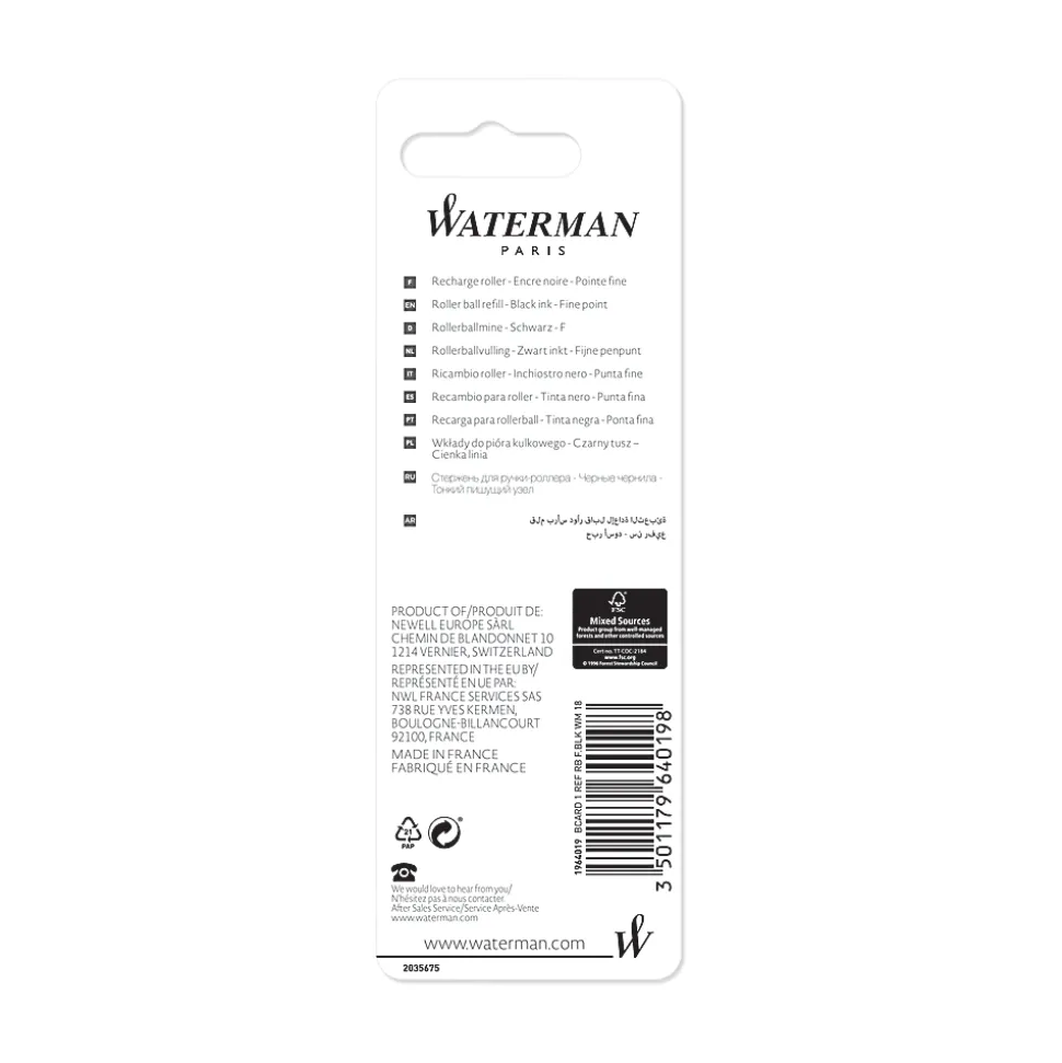 Waterman® Rollerball Pen Refill, Fine Point, 0.5 mm, Black