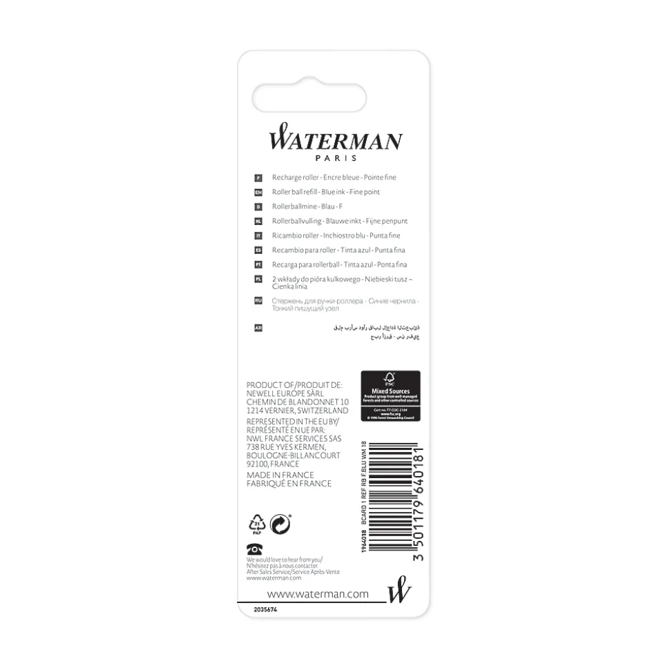Waterman® Rollerball Pen Refill, Fine Point, 0.5 mm, Blue