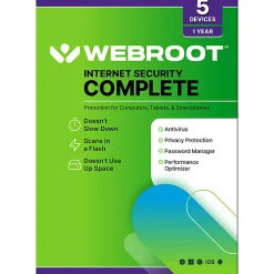 Webroot Complete Internet Security Complete + Antivirus - 5 Devices - 1-Year – Download Android, Apple iOS, Chrome, Mac OS, Windows