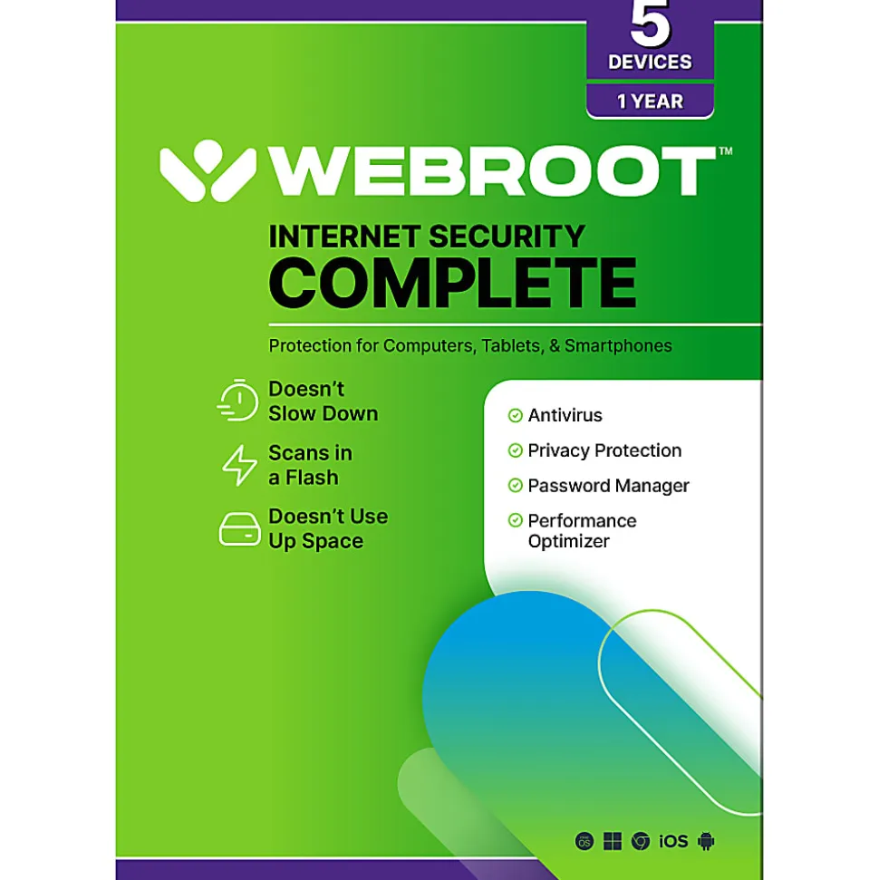 Webroot Complete Internet Security Complete + Antivirus - 5 Devices - 1-Year – Download Android, Apple iOS, Chrome, Mac OS, Windows