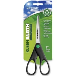 Westcott KleenEarth Recycled 7" Scissors - 2.75" Cutting - 7" Overall - Straight-left/right - Stainless Steel - Pointed Tip - Black, Silver - 1 Each