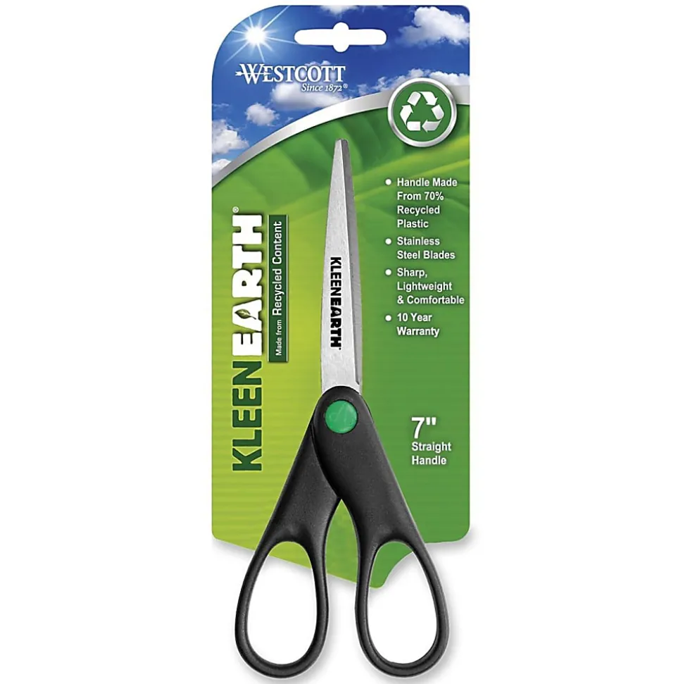 Westcott KleenEarth Recycled 7" Scissors - 2.75" Cutting - 7" Overall - Straight-left/right - Stainless Steel - Pointed Tip - Black, Silver - 1 Each