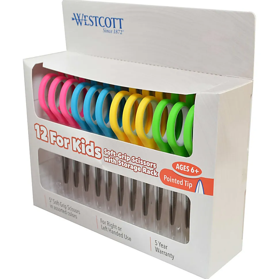 Westcott Soft-Handle Kids' Scissors, 5", Pointed, Assorted Colors, Pack Of 12