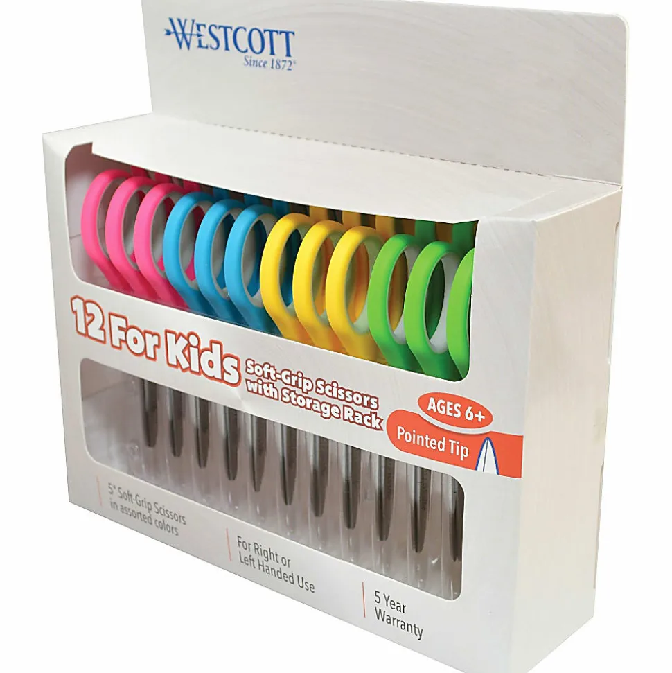 Westcott Soft-Handle Kids' Scissors, 5", Pointed, Assorted Colors, Pack Of 12