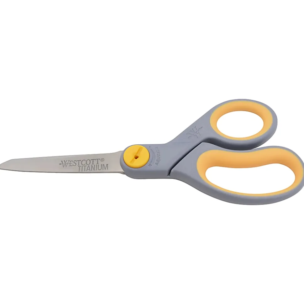 Westcott® Titanium Bonded Scissors, 8", Straight, Soft Handle, Adjustable Glide, Pointed, Gray/Yellow