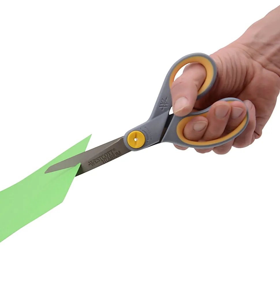 Westcott® Titanium Bonded Scissors, 8", Straight, Soft Handle, Adjustable Glide, Pointed, Gray/Yellow