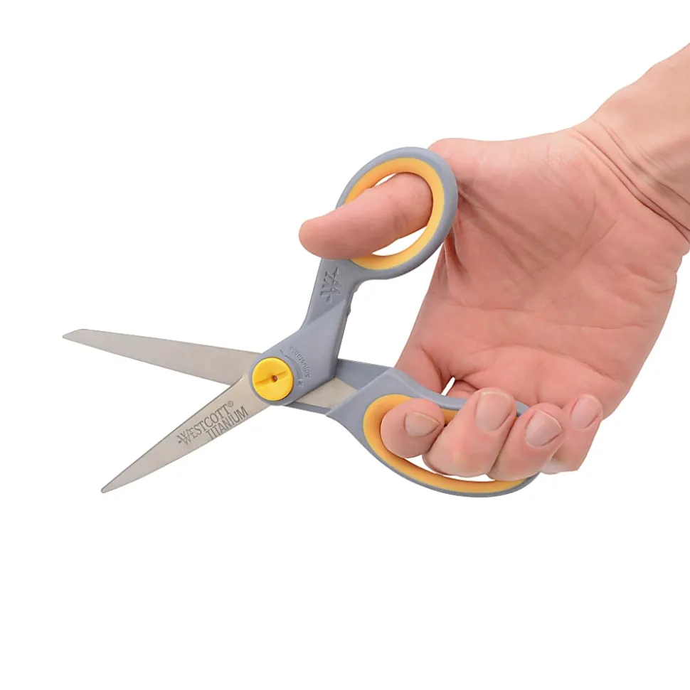 Westcott® Titanium Bonded Scissors, 8", Straight, Soft Handle, Adjustable Glide, Pointed, Gray/Yellow