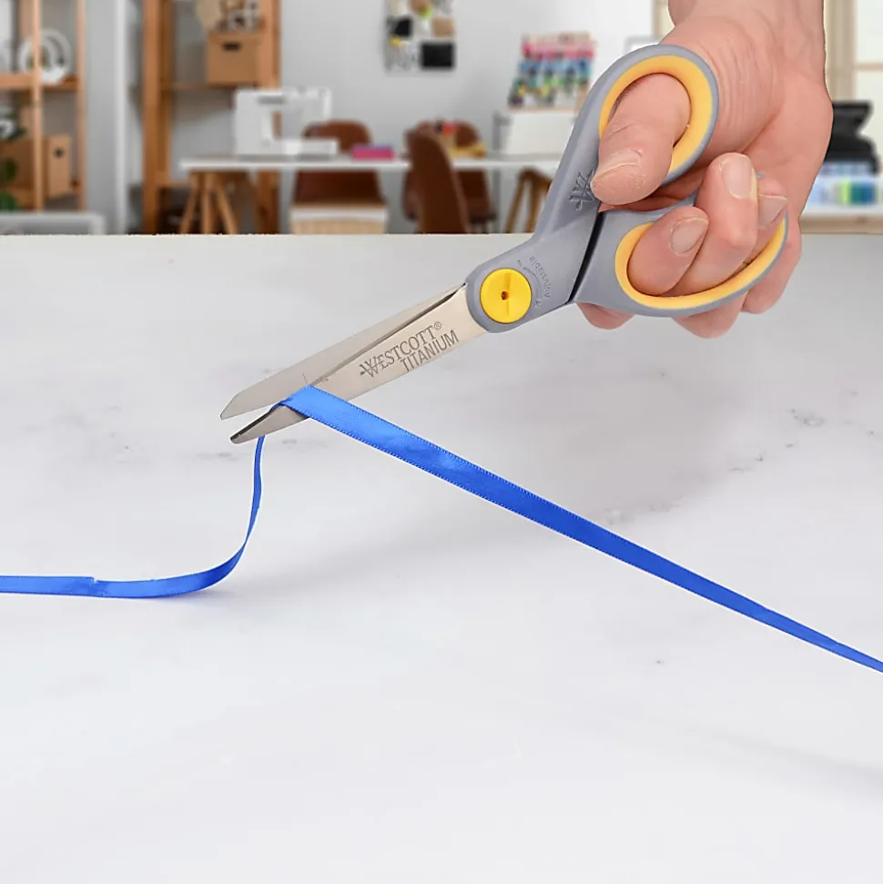 Westcott® Titanium Bonded Scissors, 8", Straight, Soft Handle, Adjustable Glide, Pointed, Gray/Yellow
