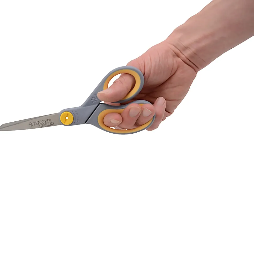 Westcott® Titanium Bonded Scissors, 8", Straight, Soft Handle, Adjustable Glide, Pointed, Gray/Yellow