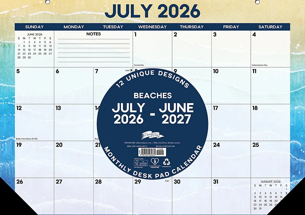 Willow Creek Press Academic Monthly Desk Pad Calendar, 17" x 12", Beaches, July 2026 - June 2027, Total Qty 1
