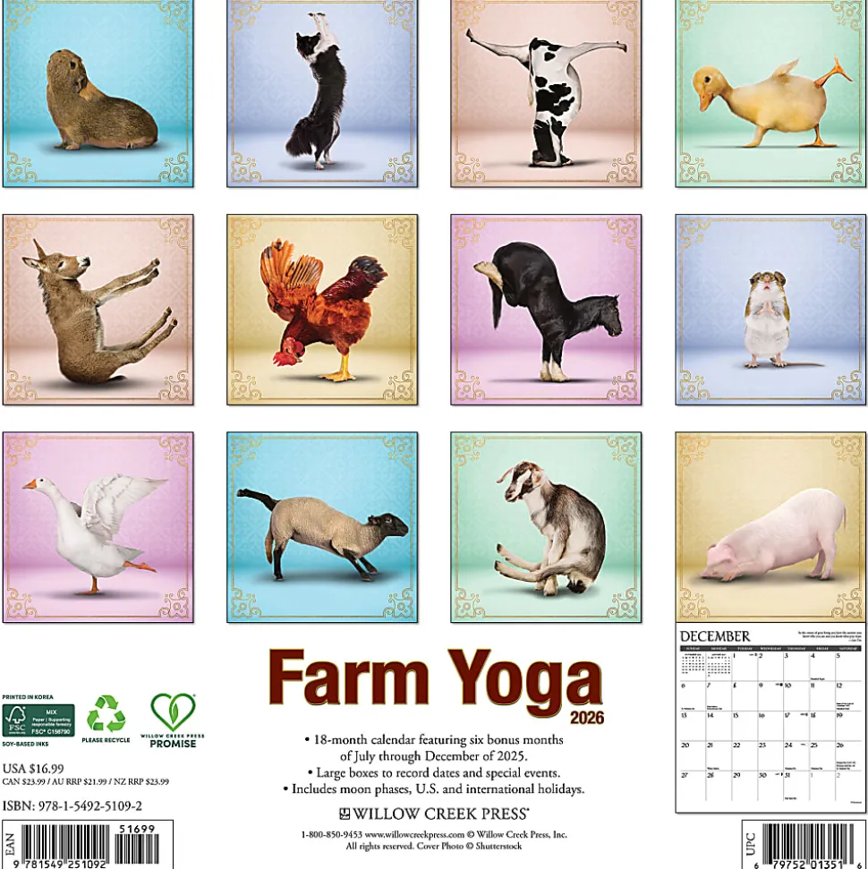 2026 Willow Creek Press Animals Monthly Wall Calendar, 12" x 12", Farm Yoga, January To December, 51092