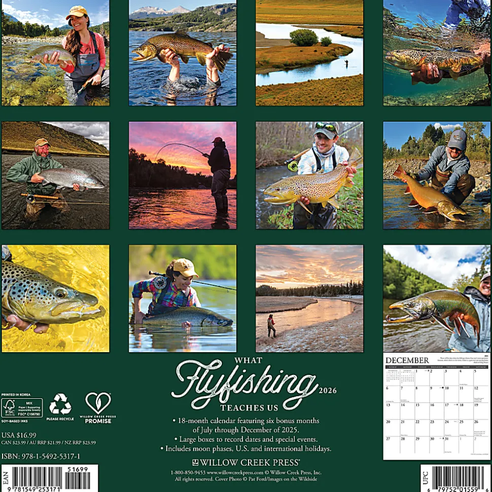 2026 Willow Creek Press Animals Monthly Wall Calendar, 12" x 12", What Fly Fishing Teaches Us, January To December, 53171
