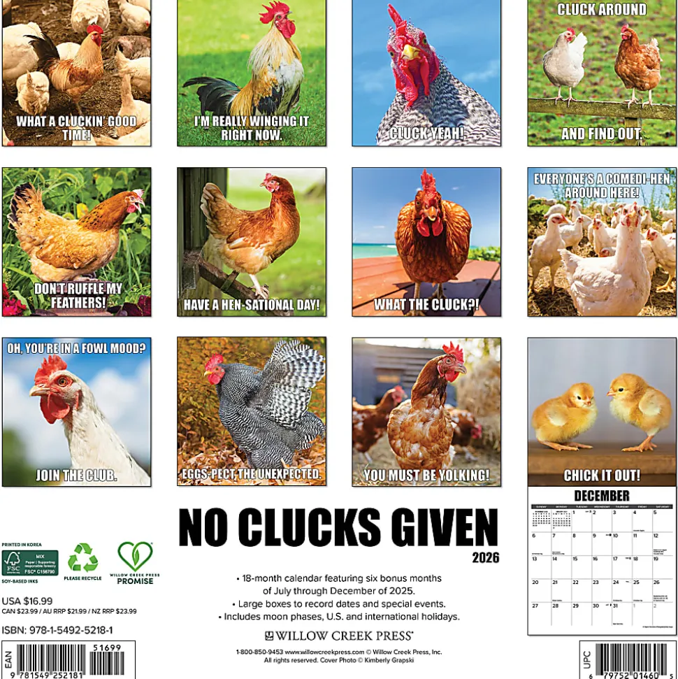 2026 Willow Creek Press Animals Monthly Wall Calendar, 12" x 12", No Clucks Given, January To December, 52181