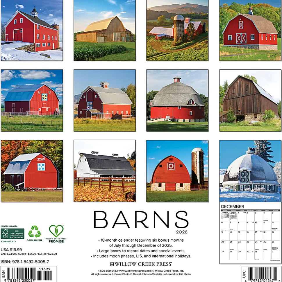 2026 Willow Creek Press Art & Design Monthly Wall Calendar, 12" x 12", Barns, January To December, 50057