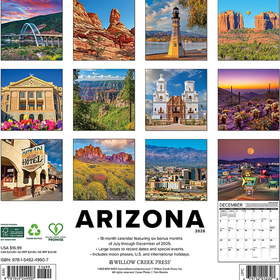 2026 Willow Creek Press Art & Design Monthly Wall Calendar, 12" x 12", Arizona, January To December, 49907