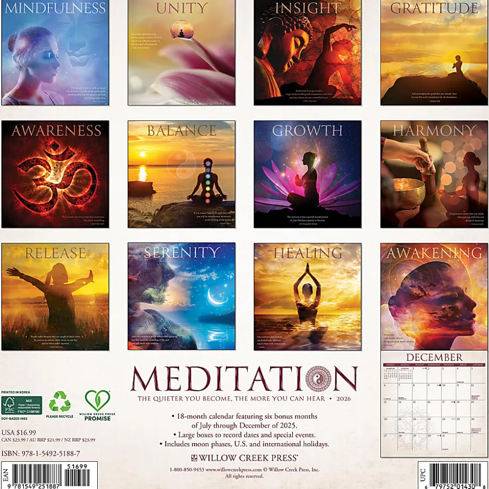 2026 Willow Creek Press Inspirational Monthly Wall Calendar, 12" x 12", Meditation, January To December, 51887