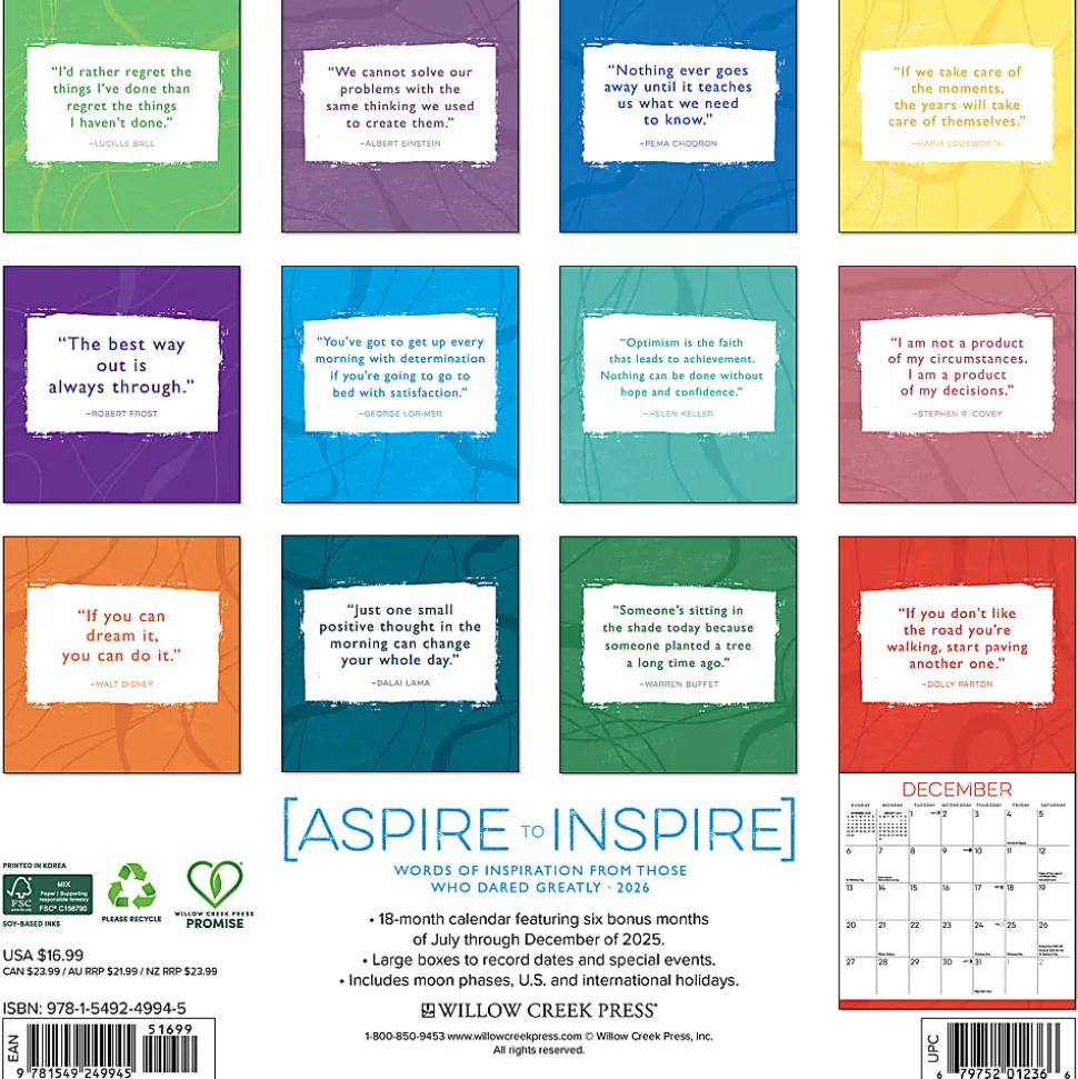2026 Willow Creek Press Inspirational Monthly Wall Calendar, 12" x 12", Aspire to Inspire, January To December, 49945
