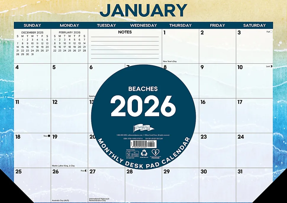 2026 Willow Creek Press Monthly Desk Pad Calendar, 12" x 17", Beaches, January To December, 57070