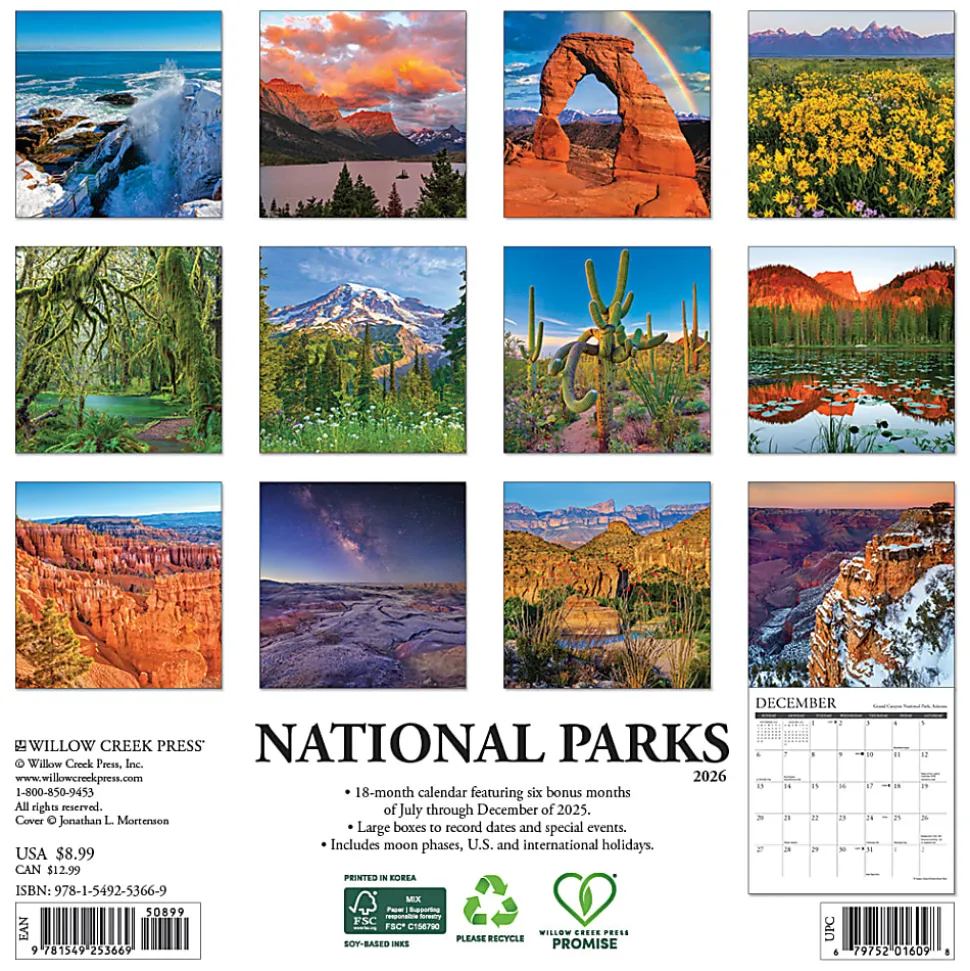 2026 Willow Creek Press Monthly Mini Wall Calendar, 7" x 7", National Parks, January To December, 53669