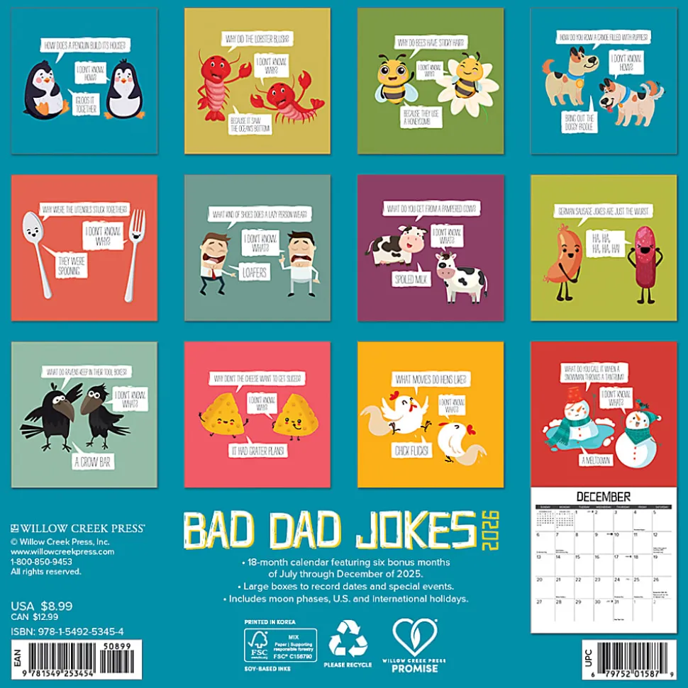 2026 Willow Creek Press Monthly Mini Wall Calendar, 7" x 7", Bad Dad Jokes, January To December, 53454