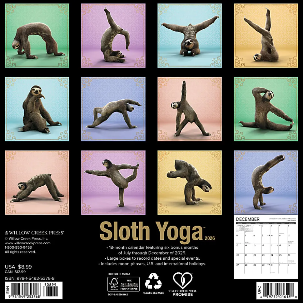 2026 Willow Creek Press Monthly Mini Wall Calendar, 7" x 7", Sloth Yoga, January To December, 53768