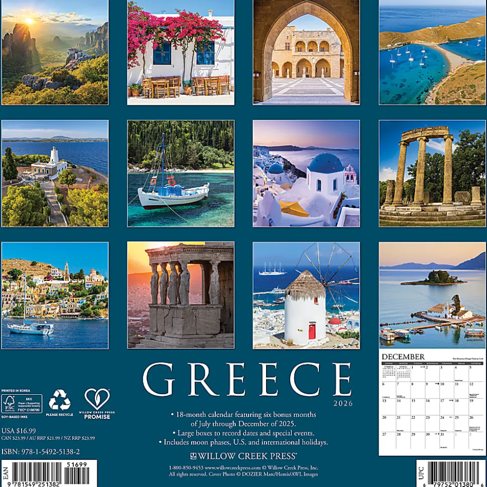 2026 Willow Creek Press Monthly Wall Calendar, 12" x 12", Greece, January To December, O51382