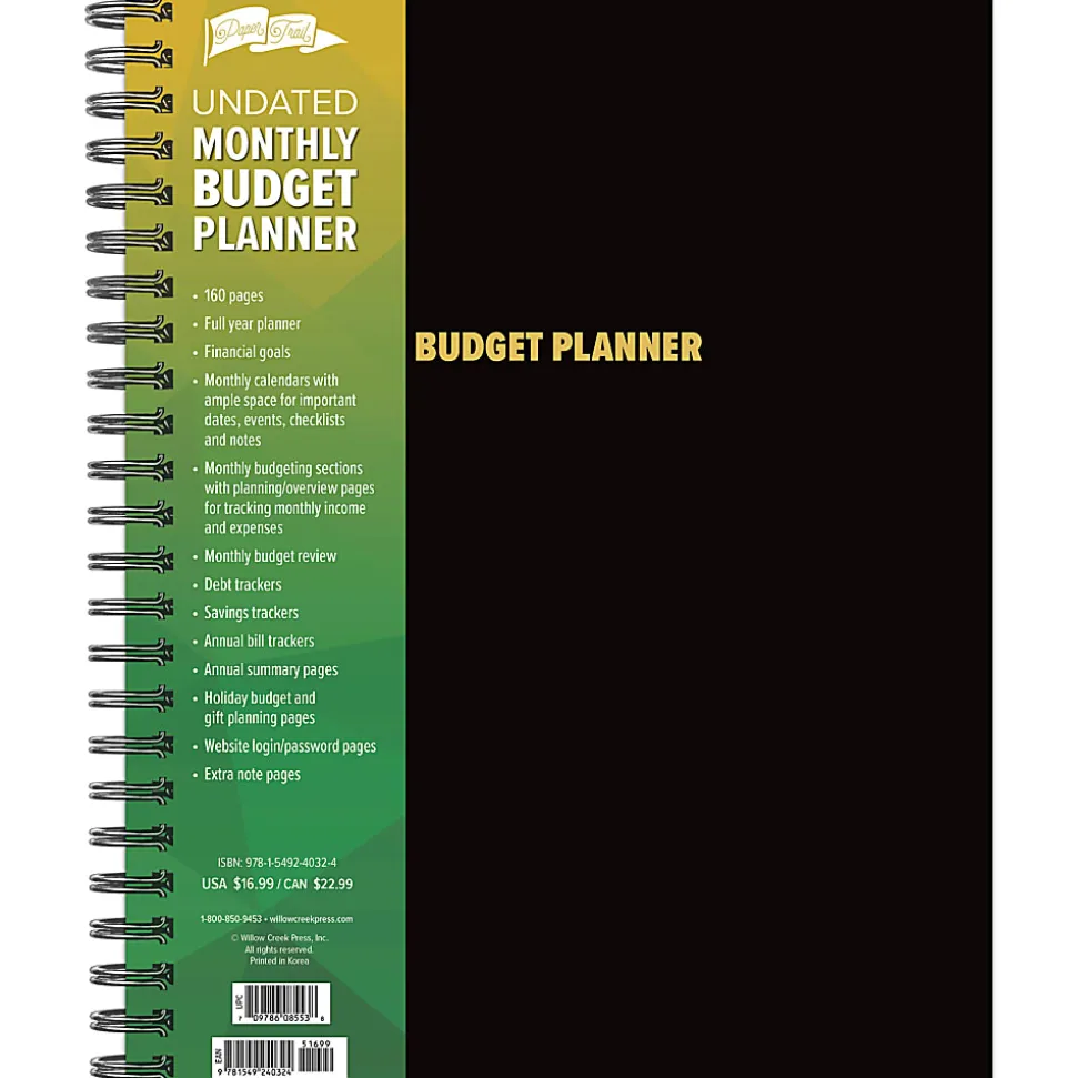 Willow Creek Press 12-Month Undated Budget/Finance Monthly Tracker Planner, 8-1/2" x 11", Black