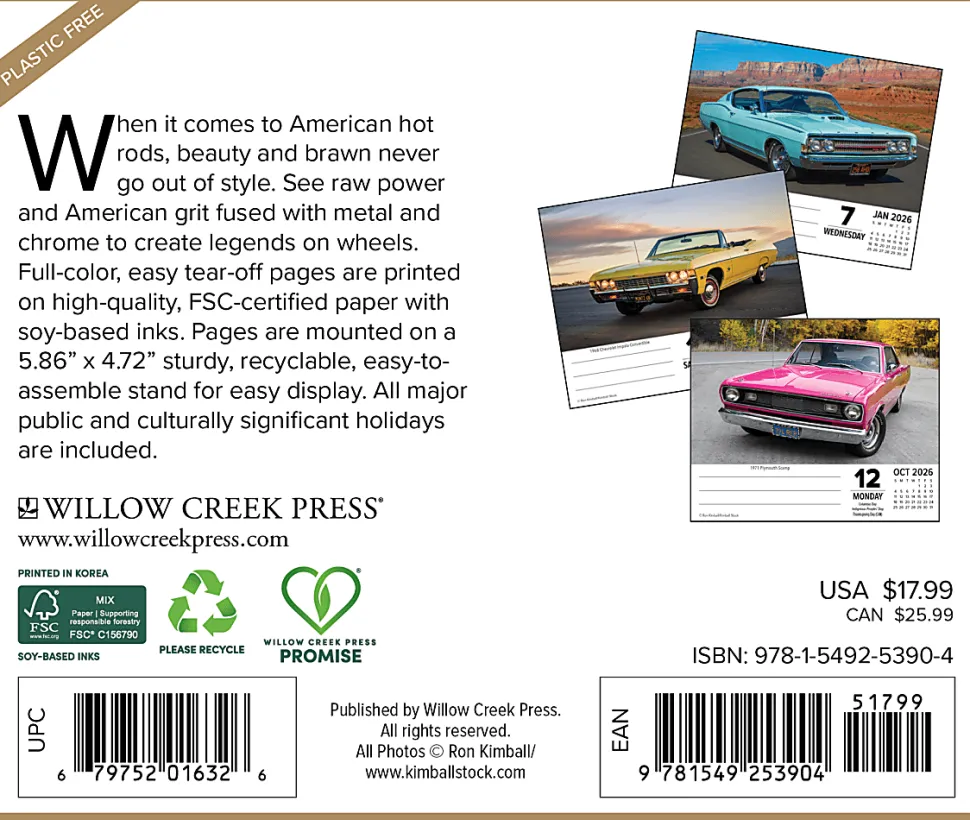 2026 Willow Creek Press Page-A-Day Daily Desk Calendar, 6-1/4" x 5-1/2", American Muscle Cars, January To December, 53904