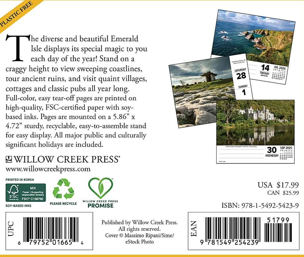 2026 Willow Creek Press Page-A-Day Daily Desk Calendar, 6-1/4" x 5-1/2", Ireland, January To December, 54239