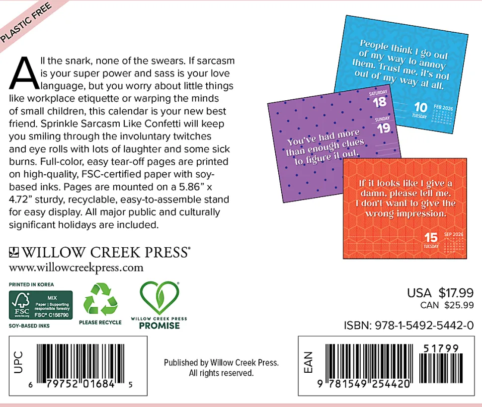 2026 Willow Creek Press Page-A-Day Daily Desk Calendar, 6-1/4" x 5-1/2", Sprinkle Sarcasm Like Confetti, January To December, 54420