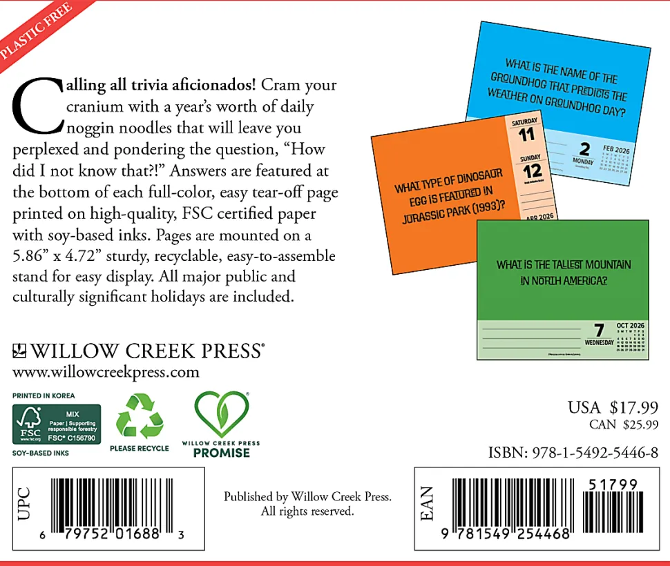 2026 Willow Creek Press Page-A-Day Daily Desk Calendar, 6-1/4" x 5-1/2", Trivia Night, January To December, 54468
