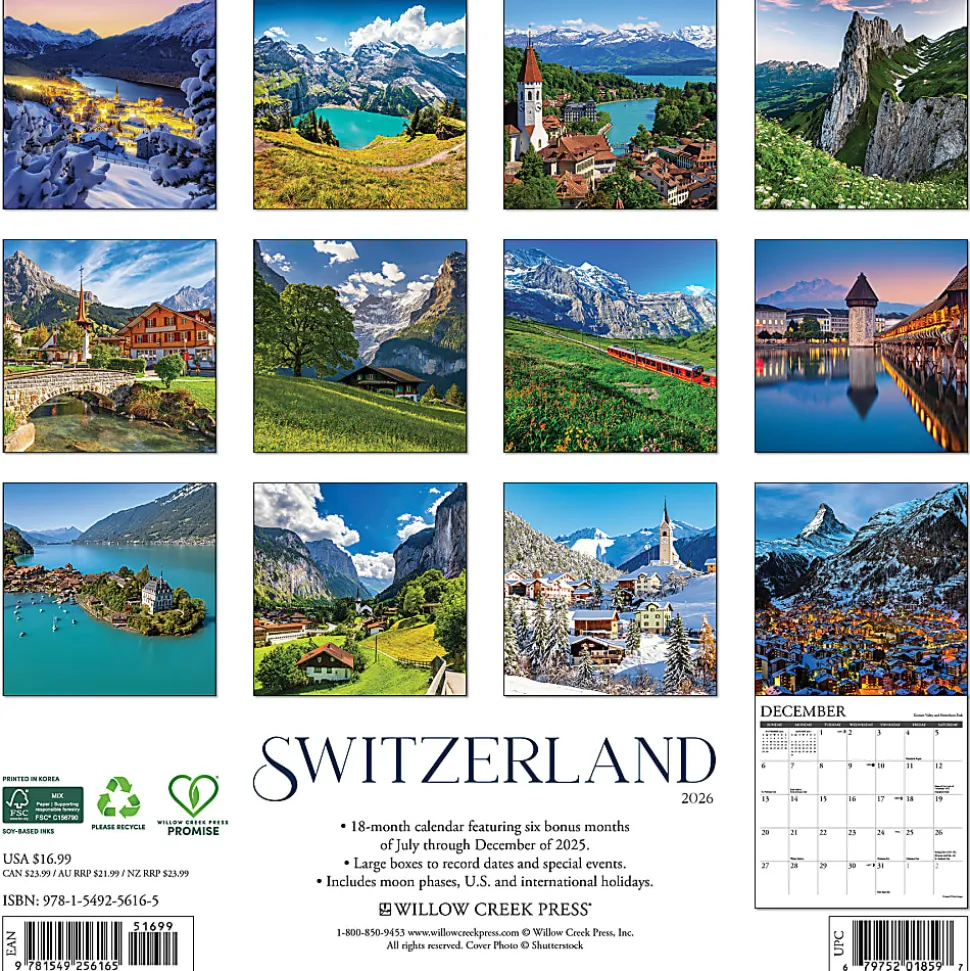 2026 Willow Creek Press Scenic Monthly Wall Calendar, 12" x 12", Switzerland, January To December, 56165